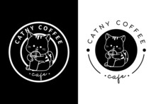 Cat And Coffee Logo, Kitten Holding Coffee Cup Drink With Mascot Cartoon Vector Icon Illustration