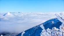 Timelapse From Above The Clouds In Winter Moving Slowly Frozen Landscape Frozen Trees Blue Sky. Melbourne Mount Hotham Mt. Buller White Snow