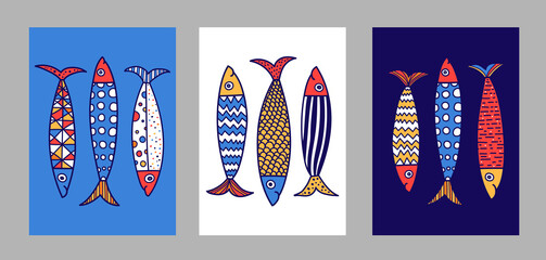 Wall Mural - Poster with sardines. Cute set. Vector illustration