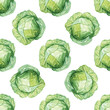 Watercolor green cabbage seamless pattern on white background.