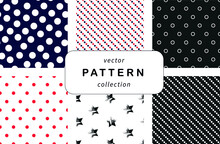 Seamless Vector Patterns. Stars And Polka Dots. Blue And White And Red Backgrounds. Classic Geometric Background For Wallpaper And Textiles.