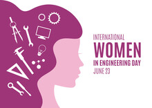 International Women In Engineering Day Vector. Woman Face In Profile Purple Silhouette Vector. Female Engineer Design Element. Engineering Icon Set Vector. June 23. Important Day