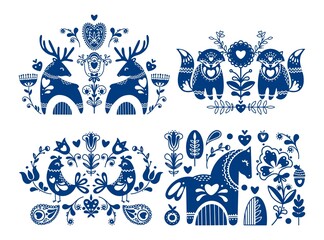 Vector set of folk motives and ornaments. National traditional ornaments with decorative animals, flowers and plants. Floral and animal folk compositions.