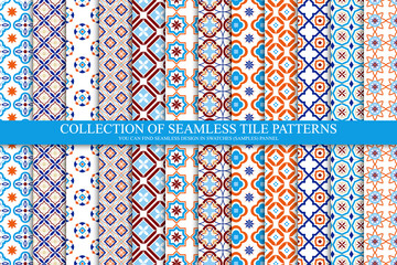 Wall Mural - Collection of bright seamless geometric mosaic patterns - color tile textures. Decorative tileable endless ornamental east backgrounds. Vector repeatable symmetric prints