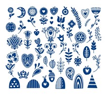 Vector Folk Decorative Elements. Ethnic Floral Shapes. Abstract Folk Flowers And Plants. Ornamental Vector Set.