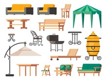 Patio Furniture. Summer Terrace Chair Table Sofa Umbrella, Garden And Veranda Lounge Icons With Backyard Barbecue Grill. Vector Isolated Set