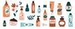 Organic make up packaging. Hand drawn cosmetic products and skin care natural treatment, glass bottles, paper tubes and glass jars. Vector scrub lotion and shampoo set