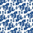 Seamless folk art vector pattern with horses  and flowers. Scandinavian navy blue repetitive floral and animal design. Retro style navy blue ornament, Scandi endless background.