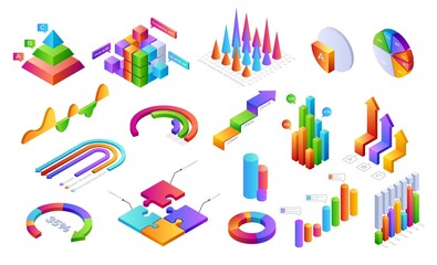 Wall Mural - infographic 3d elements. isometric graphic charts progress bars with people icons for business prese