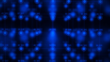 Fototapete - Ordered structure with blue circles and numbers. Futuristic infografic. Financial analytics. Network connection. Technology blockchain concept. Connecting dots and lines on dark background. 3d