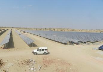 Solar power is the conversion of renewable energy from sunlight into electricity this plant is in Rajasthan, India