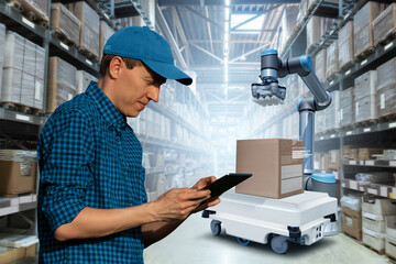 Poster - Warehouse manager with digital tablet controls robots