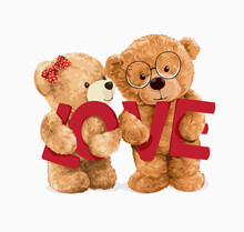 Cute Bear Doll Lovers Holding Love Text Slogan Vector Illustration