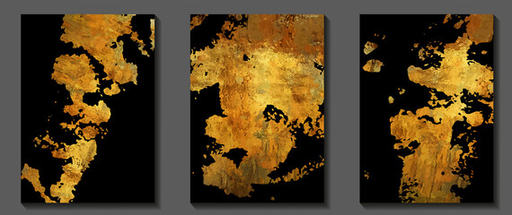 Wall Mural - Gold vintage art vector on black background. Set. Grunge luxury cover design. Gold vector texture. Hand drawn abstract illustration with paint brush strokes and splashes for cover, card, brochure.