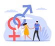 Classical orientation. Heterosexual couple holding hands on date, family walking, romantic relationships, man and woman marriage, mars and venus sign, vector people cartoon flat concept