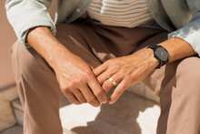 Close-up Of African American Male Hands. Male Hands With Ring And Watch. Human Body Concept