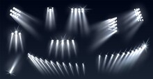 Stadium Spotlights. Football Field Directional Light Sources, Realistic Searchlights. Illuminated Studio And Arena Stage Lamps, Different Directions Projector, Vector Isolated Set