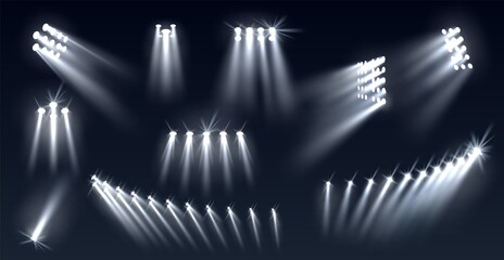 stadium spotlights. football field directional light sources, realistic searchlights. illuminated st