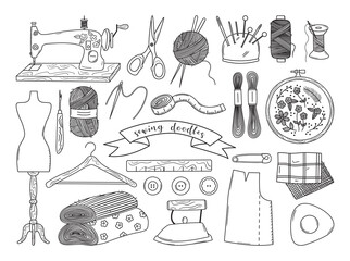 Set of outline doodle sewing elements. Retro machine, embroidery hoop, threads, yarn, fabric, iron, needles. Hand drawn studio vector illustrations. Atelier icon collection