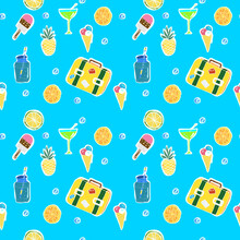 Vector Hand Drawn Seamless Pattern. Summer Vacation, Travel, Tropical Background With Fruits, Flamingo, Palm Leaves, Ice Cream, Cocktails.