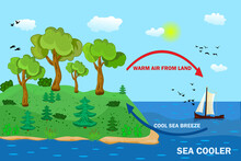 Science Poster Design For Sea And Land Breeze. Shore Wind Scheme. Air Movement With Thermal Warm And Cold Air Circulation Diagram. Local Weather Cause. Formation Of Atmosphere In Certain Area. Vector