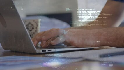 animation of data processing over hands of caucasian man using laptop