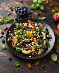 Wall Mural - Peach, blueberry salad with vegetables, feta cheese and pecan nuts. Healthy summer food