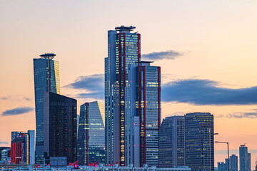 Cityscape of Yeouido skyscrapers in the business financial district taken in the evening sunset time in Seoul, South Korea