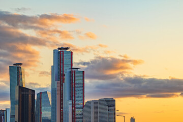 Wall Mural - Cityscape of Yeouido skyscrapers in the business financial district taken in the evening sunset time in Seoul, South Korea