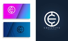 Letter E Vector Line Logo Design. Creative Minimalist Logotype Icon Symbol With Business Card Display