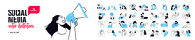 Social Media Concept Illustrations. Set Of People Vector Illustrations In Various Activities Of Social Network, Digital Marketing, Online Communication, Internet Services. 