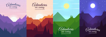 Vector Illustration. Set Of Landscapes. Geometric Flat Style. Design For Poster, Banner, Background, Business Card, Web, Greeting Or Touristic Card. 