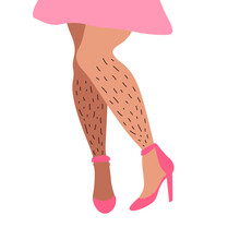 Female Unshaved Hairy Legs In Pink High Heels. Before Hair Epilation. Skin Care, Woman Love Your Body. Self Acceptance, Beauty Diversity, Body Positive. Hand Drawn Flat Trendy Fashion Illustration