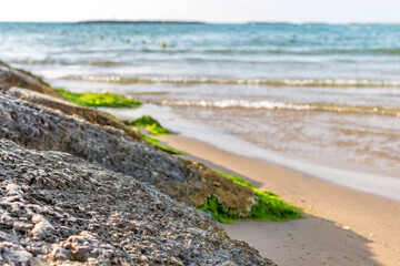 The rocks on the beach, a popular destination for summer travel in Mediterranean Sea.