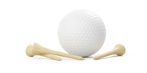 White golf ball with three wooden golf tees over white background