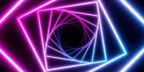 Canvas Print - Modern, abstract multiple wireframe squares blue and pink glowing neon light frames rotated colors tunnel over black background