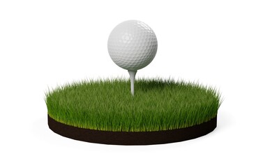 Poster - White golf ball on white golf tee on green grass patch with soil over white background