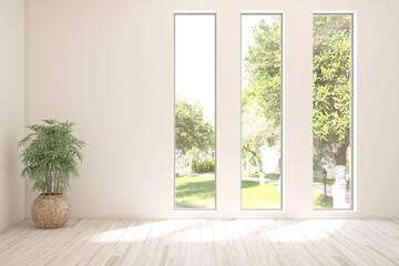 White empty room with summer landscape in window. Scandinavian interior design. 3D illustration