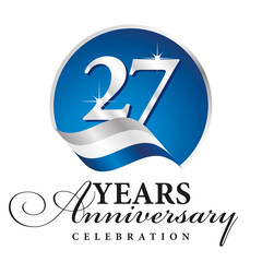 Wall Mural - Anniversary 27 years celebration logo silver white blue ribbon background