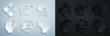 Set Human Resources, Ladder Leading To Cloud, Head With Question Mark, Puzzles Strategy, Target Arrow And Project Team Base Icon. Vector
