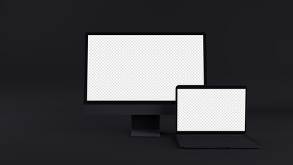 3D Illustration Dark Mode Computer, Laptop, Mobile Device Mockup in 8K