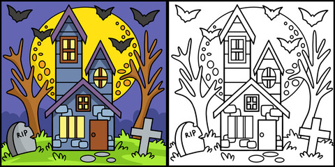 Sticker - Haunted House Halloween Colored Illustration