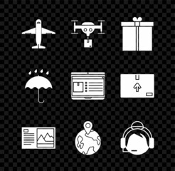 Wall Mural - Set Plane, Delivery drone with the package, Gift box, Postcard, Worldwide, Support operator in touch, Umbrella and rain drops and Laptop app delivery tracking icon. Vector