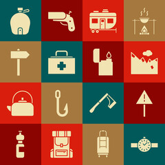 Wall Mural - Set Wrist watch, Exclamation mark in triangle, Mountains, Rv Camping trailer, First aid kit, Road traffic signpost, Canteen water bottle and Lighter icon. Vector