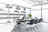 Fototapeta Kawa jest smaczna - Design project development with wireframe of modern conference room with city view from panoramic window, black chairs and light concrete floor. 3D rendering