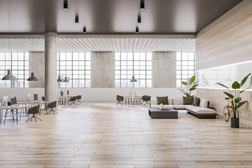 Wall Mural - Side view on spacious eco style coworking office with big lattice windows, wooden floor, cozy work places, bicycle and lounge sofa. 3D rendering