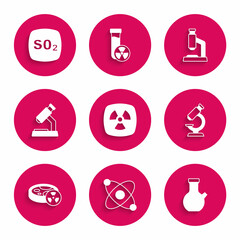 Wall Mural - Set Radioactive, Atom, Test tube, Microscope, with toxic liquid, and Sulfur dioxide SO2 icon. Vector