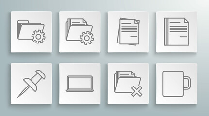 Sticker - Set line Push pin, Folder settings with gears, Laptop, Delete folder, Coffee cup, File document, and icon. Vector