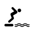 © Toxa2x2 - Man Dive Swim in Sea Water from High Board Black Silhouette Icon. Boy Sport Training Athletic Swimmer Jump in Pool from Board Glyph Pictogram. Person Dive Flat Symbol. Isolated Vector Illustration