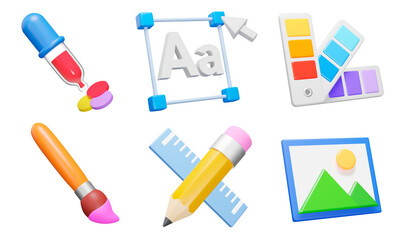 graphic design 3d icon set. tools for art and graphics, creativity and creation, digital creativity.